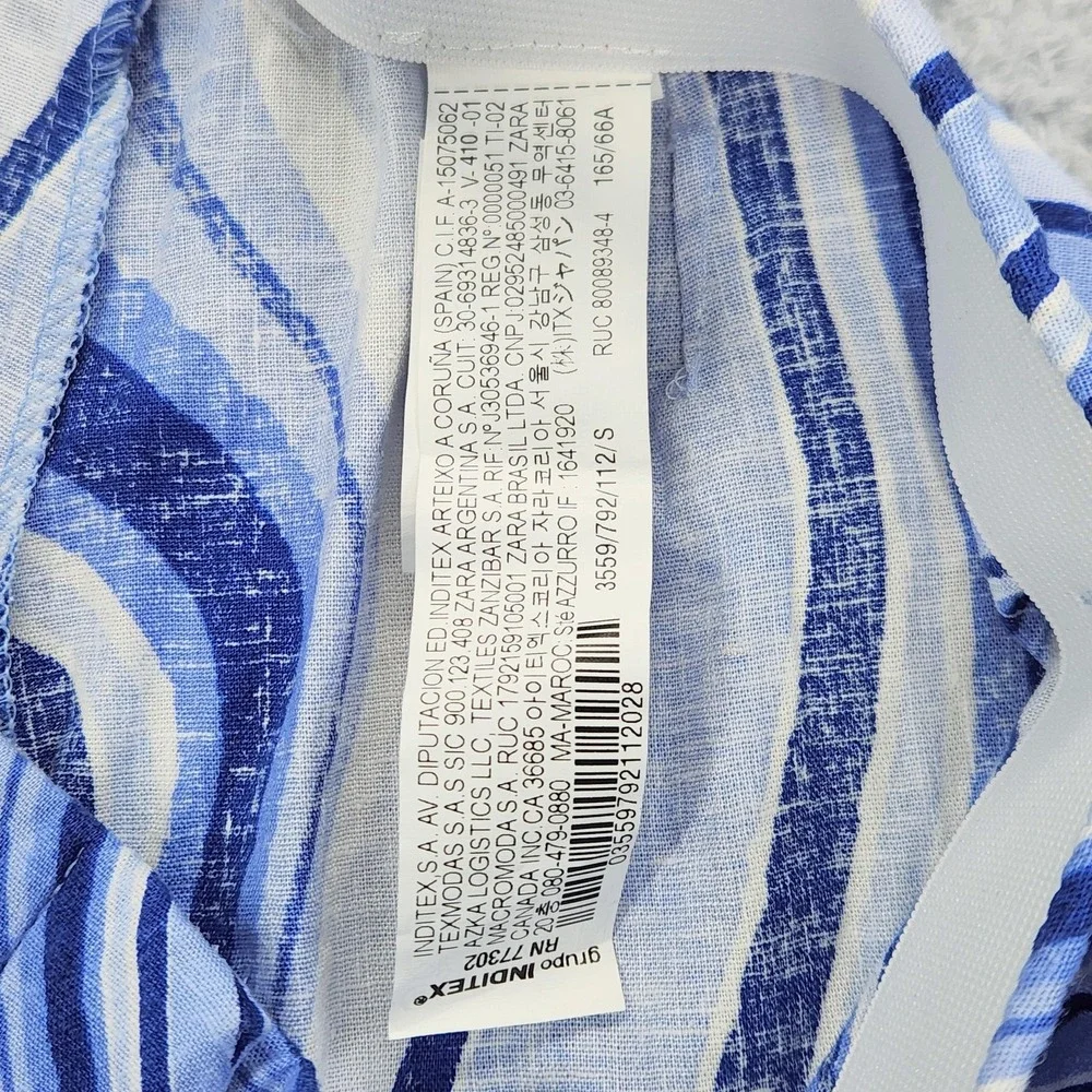 ZARA Womens Linen Blend Pants Sz S Split Hem Blue White Swirl Print Retro Wide